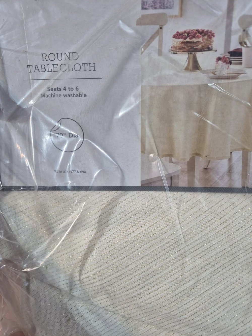 Threshold Cream Round Tablecloth with Subtle Stripe Texture